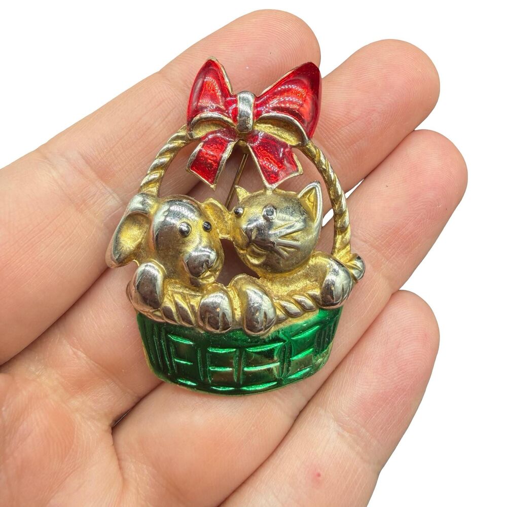 Vintage Jewelry Cat and Dog in Basket Christmas Brooch Holiday Pin